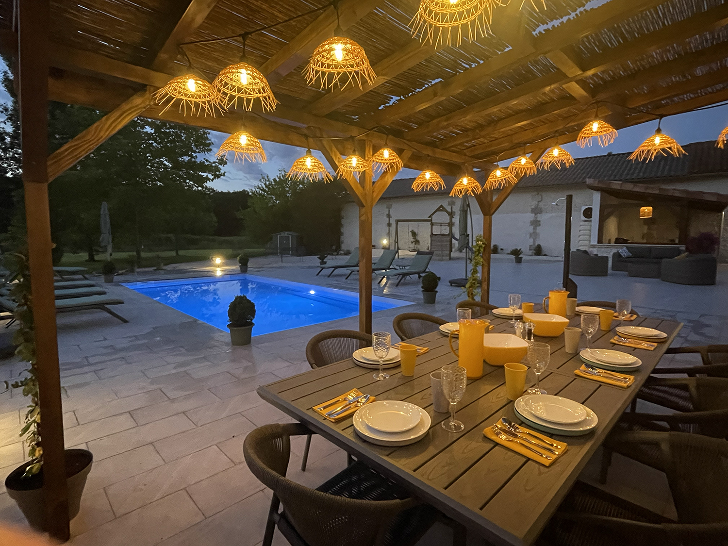 Shaded dining terrace at night